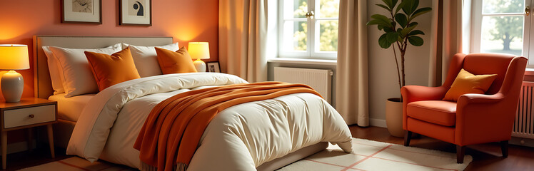cozy bedroom scene captures plush bed draped soft beige vibrant orange bedding plaid rug warm golden lighting