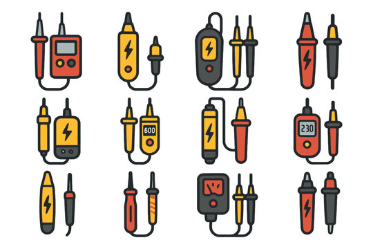 Colorful cartoon multimeters and testers illustration with probes.