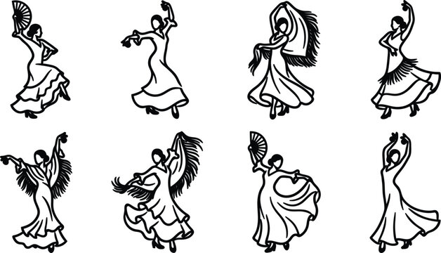 Illustrations of dancers in traditional dresses performing