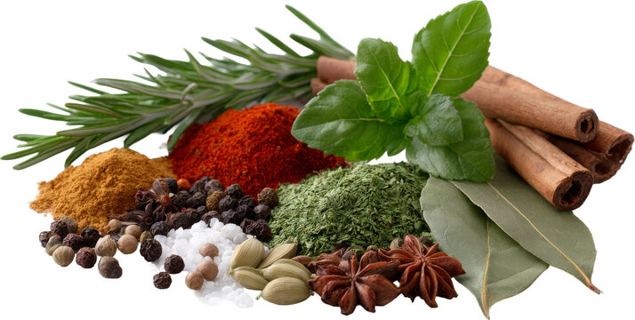 Mixed spices and herbs on white or transparent background