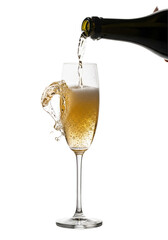 Elegant lead-crystal flute catching light, filled with golden effervescent sparkling wine poured from a dark bottle, hyper-detailed on transparent studio background. Concept for luxury celebration