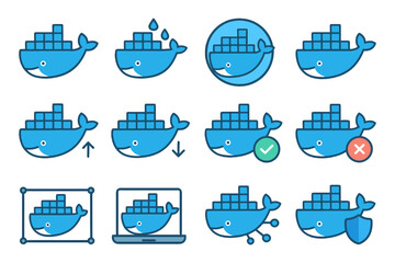 Docker whale icons: container, cloud, network, security, scale.