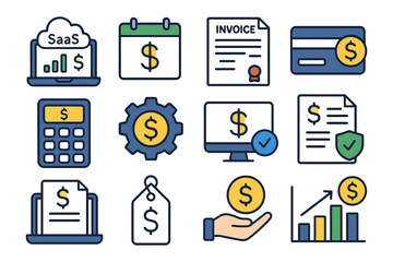 Financial technology icons: saas, invoice, payment, calculator, analytics.