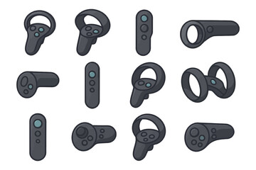 Variety of virtual reality controllers on white background.