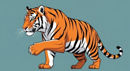 Obraz premium A tiger standing on a grassy field with its tail raised, facing left.