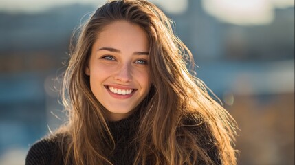 Young woman with long hair smiling joyfully outdoors, capturing the essence of happiness and warmth in a natural setting during golden hour light