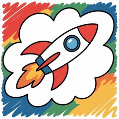 Child's Doodle of a Rocket Flying Through Colorful Clouds in a Playful and Bright Setting