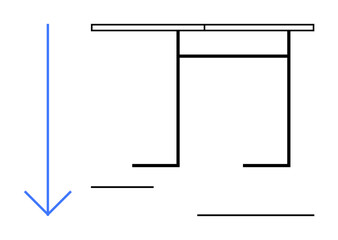 Interior design, furniture layout, workspace planning, architecture, construction, blueprint drawing. Diagram of a table and arrow pointing downward. Interior design and furniture layout focus