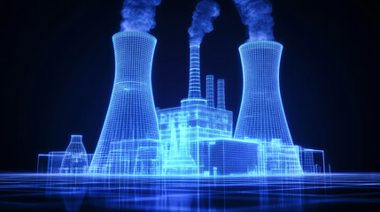 A digital illustration portrays a nuclear power plant highlighted by a blue hologram of smokestacks and towers, symbolizing advanced energy generation