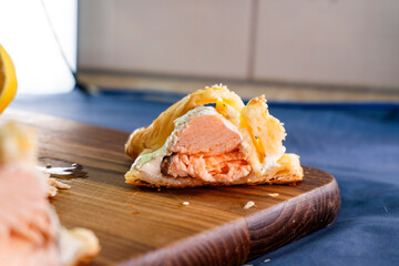 Puff pastry with salmon. Fish pastry. Food concept.