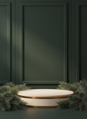 Elegant Platform Showcase: A captivating display features a pristine, circular platform with a gilded trim, resting against a dark, ornate wall and framed by lush, textured greenery.