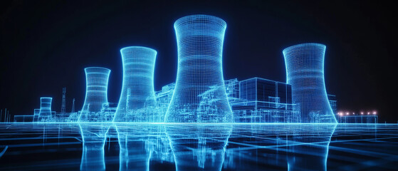 Blue glowing wireframe hologram of a nuclear power plant highlights the reactor and cooling towers against a dark backdrop, symbolizing future energy solutions and tech
