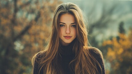 Naklejka premium Young woman with long hair posing outdoors in a beautiful natural setting surrounded by autumn foliage and soft sunlight casting a warm glow