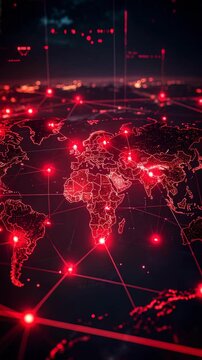 Global network connection represented by a world map and glowing red nodes for technology, data, and security.