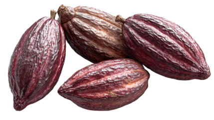 A cluster of cacao pods symbols of rich chocolate heritage and natural goodness on a stark on transparent background