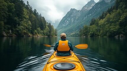 Man kayaking on peaceful mountain lake surrounded by lush green forest and dramatic peaks, symbolizing adventure, freedom, nature exploration, mindfulness, outdoor travel lifestyle in calm wilderness.