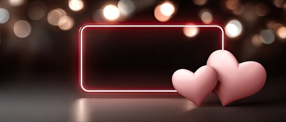 Valentines day banner with neon red frame and glowing hearts on dark background with bokeh lights for creating love messages or greetings