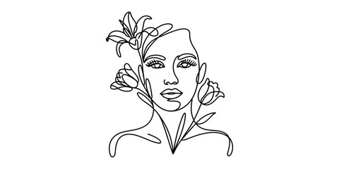 Minimalist one line drawing of woman face with flowers