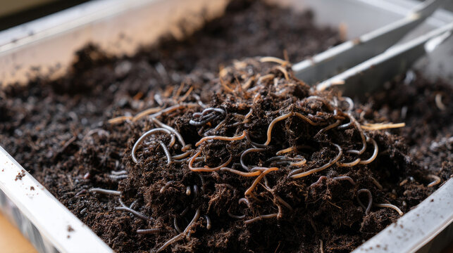 Close-up of natural, processed compost in a waste collection container with visible earthworms and waste residues.