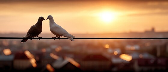 Two doves sit on a wire with heart-shaped beaks during sunset as the sun sets over the city skyline in the background