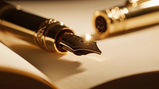 Macro shot of a gold fountain pen resting on a high-quality textured paper notebook. The lighting is warm and golden. 