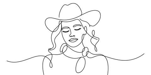 Minimalist one line drawing of woman wearing cowboy hat