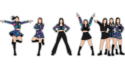 Fototapeta premium Dynamic K-pop dancers strike vibrant poses in stylish geometric outfits, perfect for music, fashion, and performance themes.