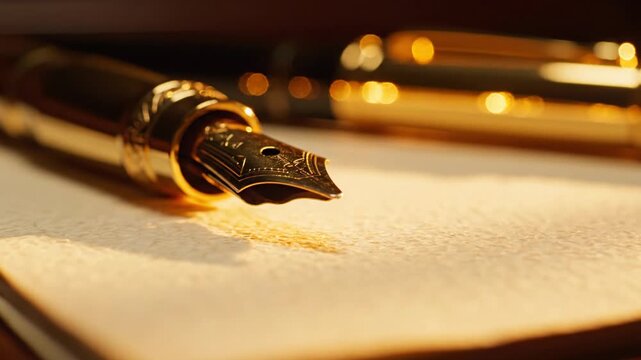 Macro shot of a gold fountain pen resting on a high-quality textured paper notebook. The lighting is warm and golden. 