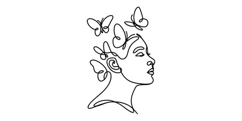 Minimalist one line drawing of womans face with butterflies