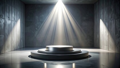 Empty concrete room with spotlight on a three-tiered platform