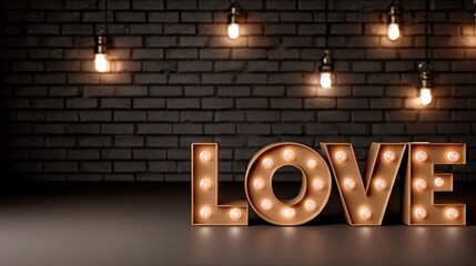 3d rendering of a marquee light sign showing love on a dark brick wall for valentines day with empty space for design and advertising
