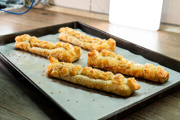 Puff pastry with strawberry jam. Jam-filled pastries. Food concept.