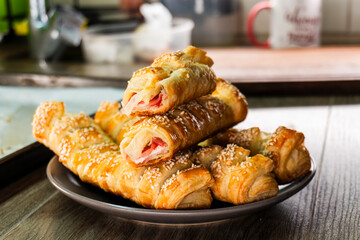 Puff pastry with strawberry jam. Jam-filled pastries. Food concept.