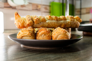 Puff pastry with strawberry jam. Jam-filled pastries. Food concept.