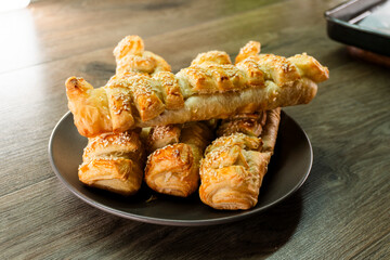 Puff pastry with strawberry jam. Jam-filled pastries. Food concept.