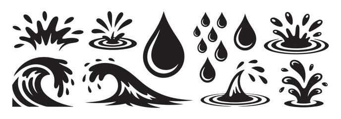 Water splash, rain drops, waves, and ripples black silhouette icon set vector illustration