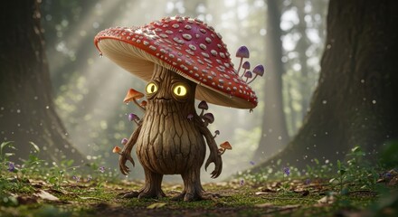 Enchanting mushroom creature in a mystical forest setting with whimsical character
