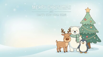 Naklejka premium Festive holiday animals celebrating christmas in a winter wonderland illustrated greeting card design whimsical and cheerful style capturing the spirit of the season