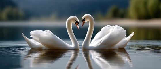 Two swans form heart shapes with their necks in still water, creating a romantic scene against a gradient background