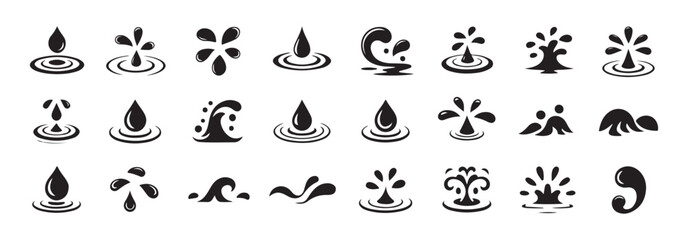 Water drop and splash icons set, liquid droplets and waves black silhouettes collection