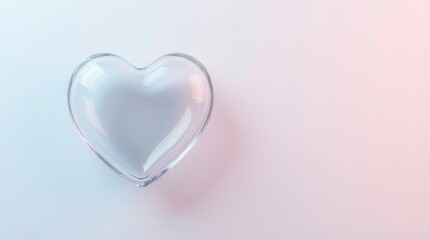 Transparent Glass Heart Shaped Bowl on Soft Pink Background.
