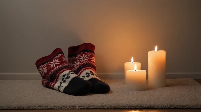Cozy winter scene with festive socks and candles on a carpeted floor, viewed from the side.