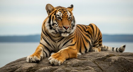 A majestic Bengal tiger resting on a rocky outcrop with a serene lake in the background.