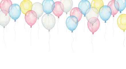 delicate watercolor illustration of soft pastel balloons floating as a seamless top border against a transparent background with abundant copy space, whimsical celebration concept