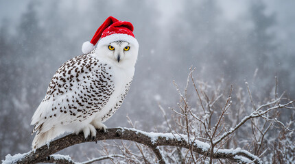 A snowy owl wearing a red and white Santa hat, perched on a snowy branch in a winter setting with falling snow and blurred trees in the background.