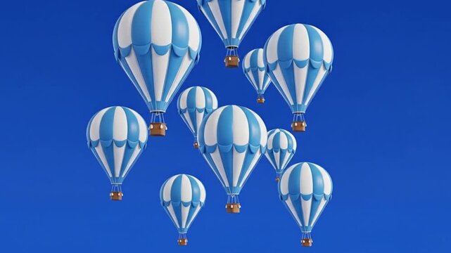 Blue white striped hot air balloons ascending gently skywards Dreamy seamless loop animation Peaceful travel adventure
