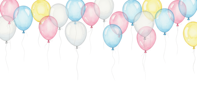delicate watercolor illustration of soft pastel balloons floating as a seamless top border against a transparent background with abundant copy space, whimsical celebration concept - Powered by Adobe