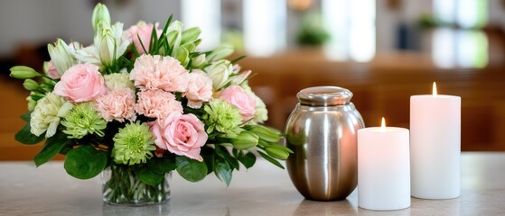 Close-up of roses and a remembrance jar with burning candles at a church funeral ceremony with blurred lights in the background creating a heartfelt atmosphere