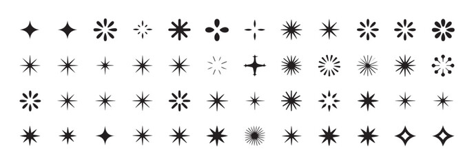 Large set of sparkle icons, collection of various star and glitter shapes in solid black