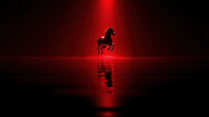 Dramatic silhouette of a horse leaping in red spotlight over reflective water surface